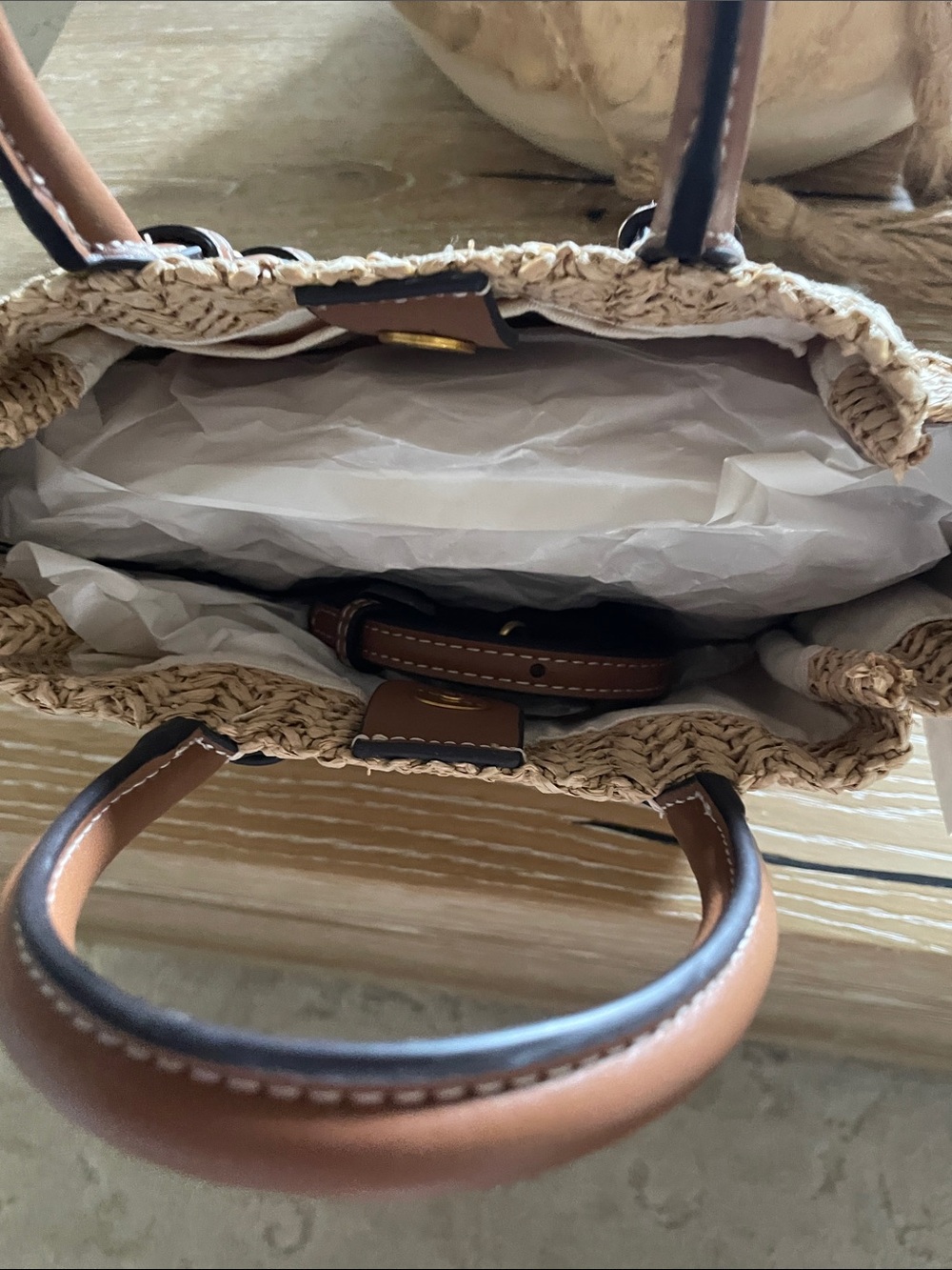 Zara Crossbody Woven Straw Tote Bag with Brown Faux Leather Handles NWT - Picture 6 of 7